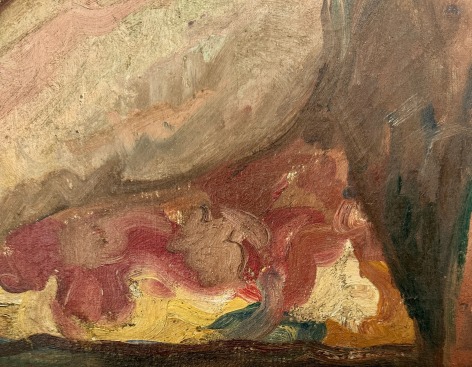 Image of detail on Hans Burkhardt's 1930 nude portrait of his wife Louise, kneeling on a sofa.