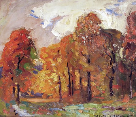 Image of Vaclav Vytlacil's impressionist oil painting of a fall landscape with trees in reds, yellow and browns.