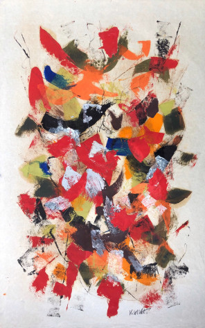 Image of sold untitled mixed media artwork by John Von Wicht showing an abstraction in reds, black, white, yellow and orange.