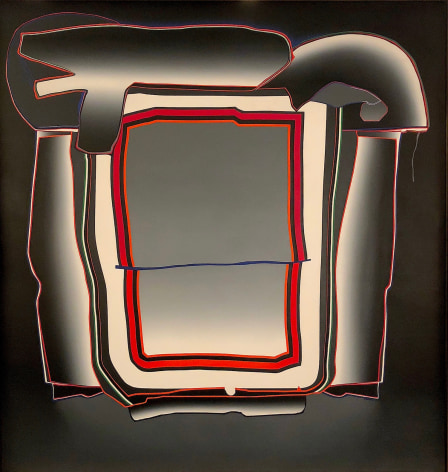 Image of sold oil painting by Deborah Remington entitled &quot;Trent&quot; showing a mirror-like abstraction in grays, white, red and black.