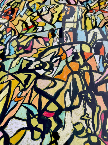 Detail image of untitled (015) abstract painting by Fred Martin in multiple colors outlined in black.