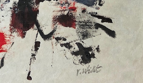 Image of signature on abstract untitled #004 painting by John Von Wicht; the signature is in pencil.