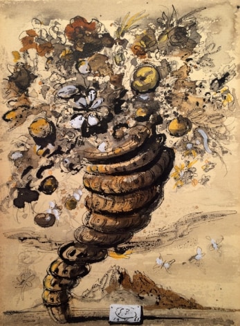 Image of Eugene Berman's sold watercolor painting titled &quot;Cornucopia with Flowers&quot; depicting a cornucopia filled with flowers standing upright in the foreground with a mountain in the background.