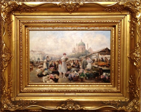 Ornate golden colored frame of Vienna Flower Market painting by Emil Barbarini.
