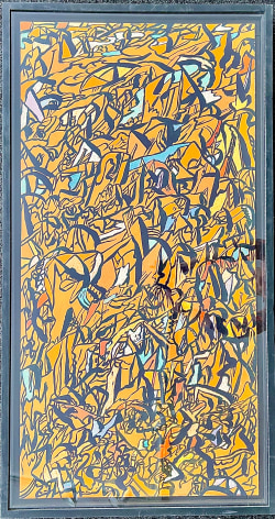 Image of framed view of orange acrylic and pastel abstraction by Fred Martin.