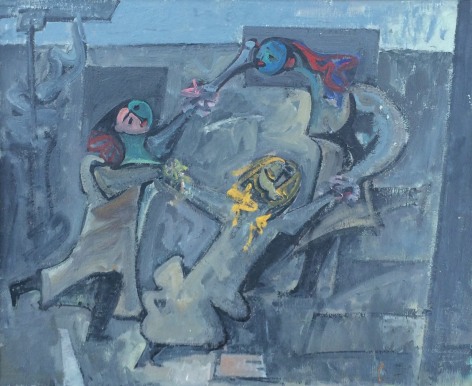 Image of abstract figurative1964 painting entitled &quot;Fasnacht&quot; by Hans Burkhardt depicting three cubist figures holding hands in a circle against a somber grey and muted blue abstract background.