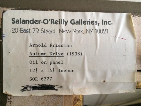 Image of Salander-O'Reilly Galleries label verso on &quot;Autumn Day Drive&quot; painting by Arnold Friedman.