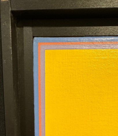 Image of edge detail on No. 1, a yellow color scape by Naohiko Inukai with the edges painting in blue, orange and lavender, available for sale at Caldwell Gallery Hudson.