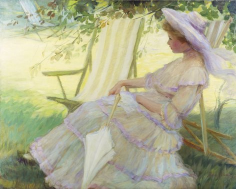 Image of sold oil painting by Pauline Palmer depicting a young girl in a summer dress and hat with a parasol sitting in a canvas deck chair under a tree.