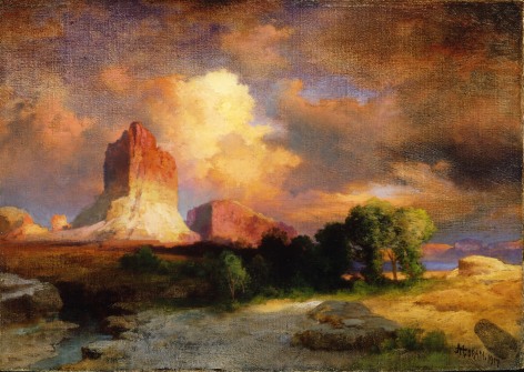 Image of a sold oil painting by Thomas Moran showing clouds a sunset with low trees and shrubs in the foreground and a multi colored rock in the background.