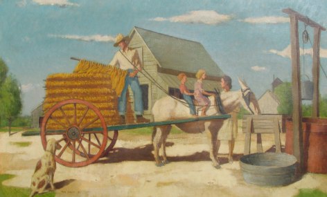 Image of Paul Sample oil painting titled &quot;Cartin' the Leaf&quot; showing a cart, loaded with dried tobacco leaves, being pulled by a white mule with two children on its back.