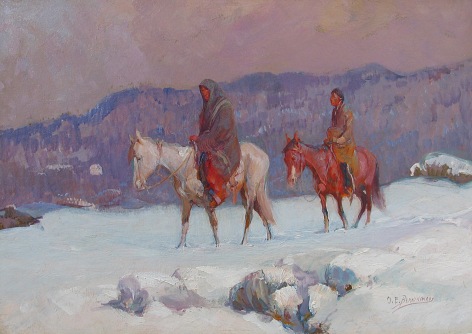 Image of Oscar Berninghaus painting &quot;The Snow Covered Trail&quot; depicting two people on horseback riding through the snow.
