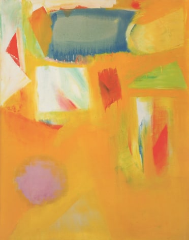 Image of large Untitled 1963 abstract oil painting by artist John Grillo with various shapes of red, blue, green, cream and lavender on a background of intense yellow-orange..
