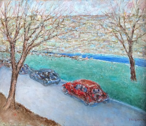 Image of &quot;Autumn Day Drive&quot; painting by artist Arnold Friedman showing several cars on a road with trees that have lost their leaves, the road runs parallel to a river.