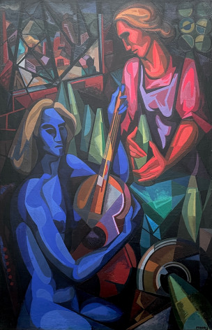 Image of &quot;Ballad for Two Women&quot; painting by artist Seymour Franks showing two seated women in a room painted in a cubist abstract manner, one naked with blue skin and holding a guitar and sitting on the floor, the other dressed with red skin seated in a chair.