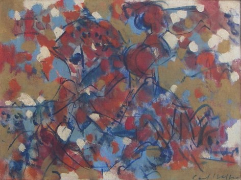 Image of one of two untitled abstract paintings (being sold as a pair) by artist Carl Holty, this piece is painted with reds, blues, whites and golden brown colors.