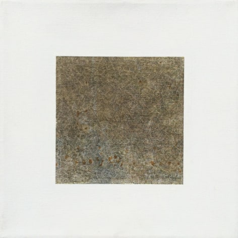 Image of abstract oil painting by Jacob El Hanani titled &quot;Humim Alef&quot; in soft earth tones on white background.