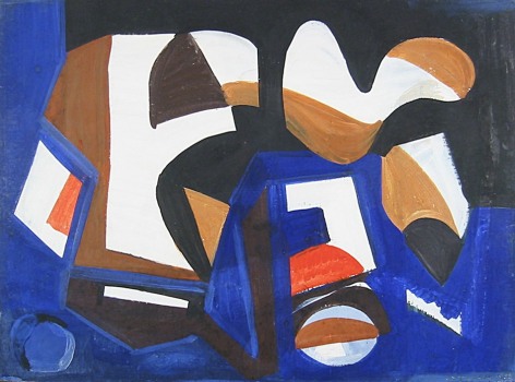 Image of Vaclav Vytlacil's sold 1938 abstraction in blue, white, black, red and brown.