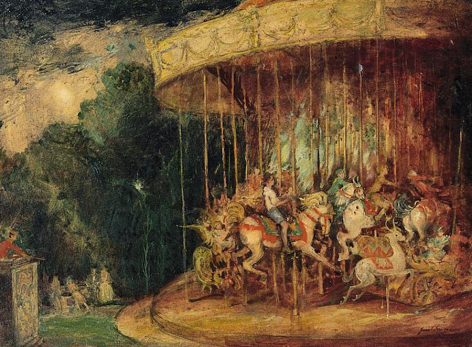 Image of sold oil painting entitled &quot;Summer Fantasy&quot; showing children riding on a merry-go-round by John Wenger.