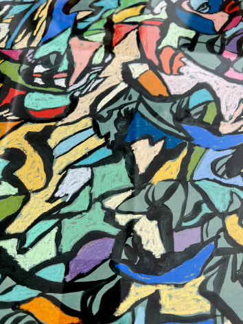Image of detail on untitled (MaFr007) painting by Fred Martin in pastel and acrylic of greens, blues, oranges with many shapes outlined in black.