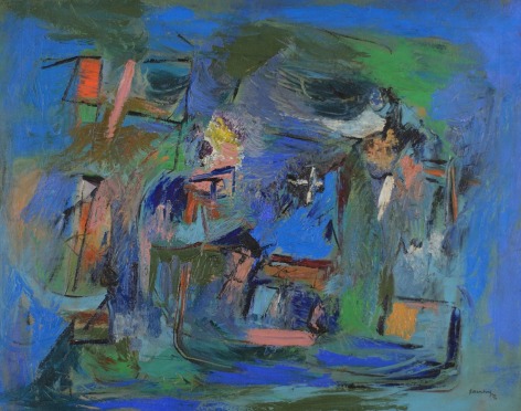 Image of abstract oil painting by Ralph Rosenborg entitled "Subjective Farm Landscape" in blues, greens and several other colors.