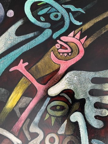 Closeup detail image of several colorful (pink, turquoise, white, grey) figures in the painting &quot;The Magician&quot; by Julio De Diego.