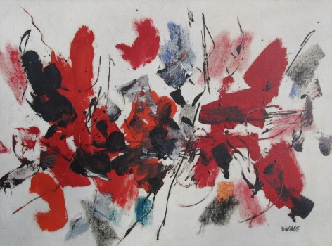 Image of John Von Wicht abstract 1962 oil painting entitled "Red's Moving" done in reds, black and blue paint on a white background.