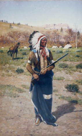 Image of Henry Farny sold gouache painting showing a portrait of Iron Horse standing in a field with a headress on and holding a rifle.