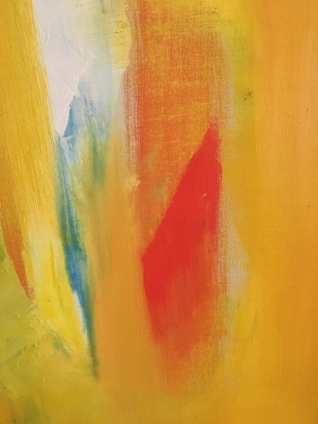 Image of closeup detail of red and blue section on orange-yellow background of Untitled 1963 abstract oil painting by John Grillo.