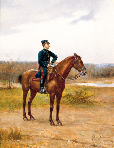 Image of sold oil painting entitled &quot;The Scout&quot; by Etienne Prosper Berne-Bellcour depicting a military man sitting on a chestnut horse.
