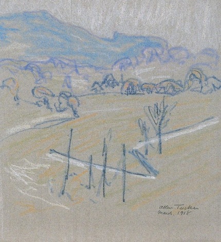 Image of Allen Tucker's pastel of a hillside done in blues, whites and yellow on gray paper.