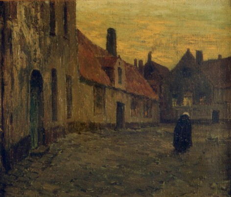 Image of sold oil painting by Charles Eaton entitled &quot;A Corner in Old Bruges&quot; showing a dark cloaked figure walking down a street with several buildings on one side.