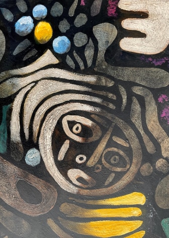 Closeup detail of an abstract face in painting of &quot;Ceremonial Dancers&quot; by Julio De Diego.
