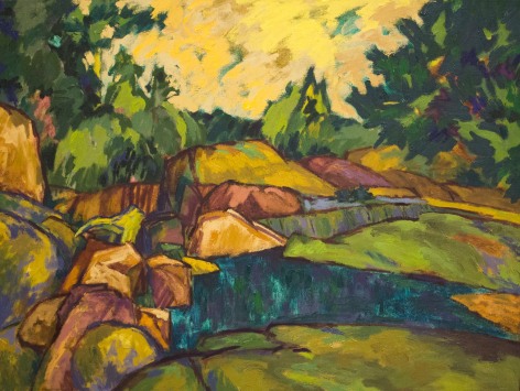Oil painting of Moose River rocks at Lyonsdale, NY by Easton Pribble.