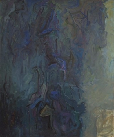 Image of untitled abstract oil painting by Hans Burkhardt in muted blues and greens.