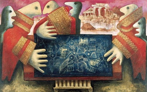 Image of abstract oil painting titled &quot;Blueprint of the Future&quot; by Julio De Diego, showing six humanoid figures around a complicated blueprint on a table, with a city in the background.