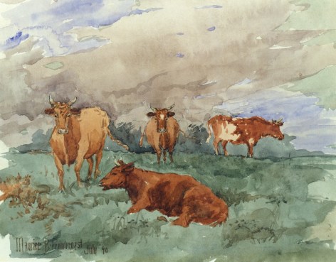 Image of Maurice Prendergast's sold watercolor showing four cows in a green landscape.