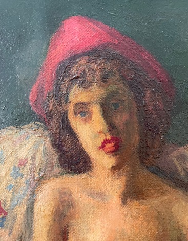 Face detail from &quot;The Red Hat&quot; by Moses Soyer.