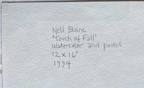 Image of artist's information on the verso of Touch of Fall watercolor painting.