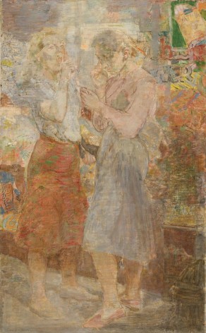 Image of 1952 painting entitled &quot;Interlude&quot; by artist Isabel Bishop, depicting two women standing on a street, one wearing an orange skirt and yawning into her hand and the other looking at her face in a compact.