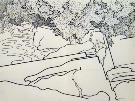 Sold ink drawing by Easton Pribble of the cove at high tide.