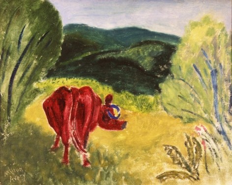 Image of Milton Avery's 1930 sold oil painting titled &quot;Curious Cow&quot; showing the backside of a redish-brown cow in a landscape.