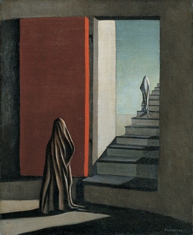 Image of sold surrealist painting by Kay Sage entitled &quot;The Fourteen Daggers&quot; showing a cloaked figure at the bottom of a set of stairs, and another cloaked figure on the stairs.