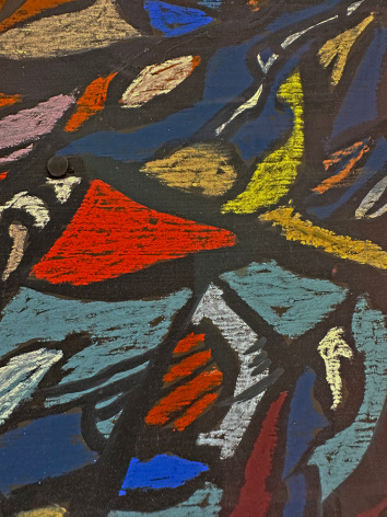 Image of detail of abstract pastel and acrylic painting &quot;Over Isfahan&quot; by Fred Martin, depicting many colored random shapes most of which are outlined in black.