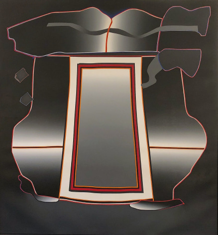Sold oil painting entitled &quot;Aldwych&quot; by Deborah Remington showing a mirror-like abstraction in grays, white, red and black..