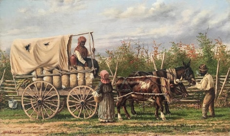 Image of sold oil painting by William Aiken Walker featuring a mule and donkey carting and old wagon willed with bales of cotton.