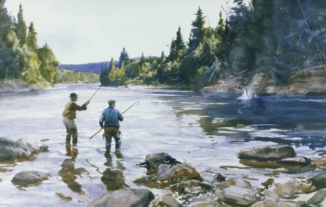 Image of sold watercolor by Ogden Pleissner of two fishermen standing in a river, one of whom has a leaping fish on his line.