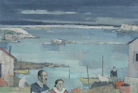 Image of sold oil painting by Paul Sample entitled &quot;Labrador Family&quot; showing a couple and buildings, dogs and another figure in the foreground with a large lake taking up most of the canvas.
