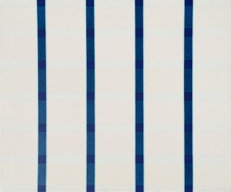 Image of sold oil painting entitled &quot;Four &amp; Six, No.1&quot; by Naohiko Inukai showing a geometric grid abstraction of blues and whites.