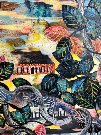 Image of close-up detail of Paradise Estates oil painting by Emily Sartor depicting a large vigorous tree growing in the foreground of homes and landscape.